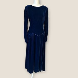 Vintage Navy Velvet Maxi Dress Low Back 70s 80s